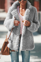 Women's Oversized Teddy Coat with Wide Lapels, Grey, view 2