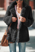 Women's Oversized Teddy Coat with Wide Lapels, Black, view 3