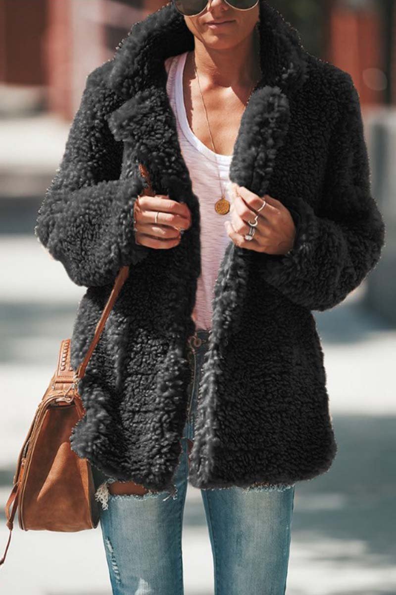 Women's Oversized Teddy Coat with Wide Lapels, Black, view 3