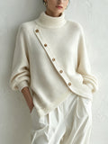 Women's Oversized Turtleneck Jumper with Diagonal Buttons, White, view 1