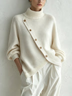 Women's Oversized Turtleneck Jumper with Diagonal Buttons, White, view 1