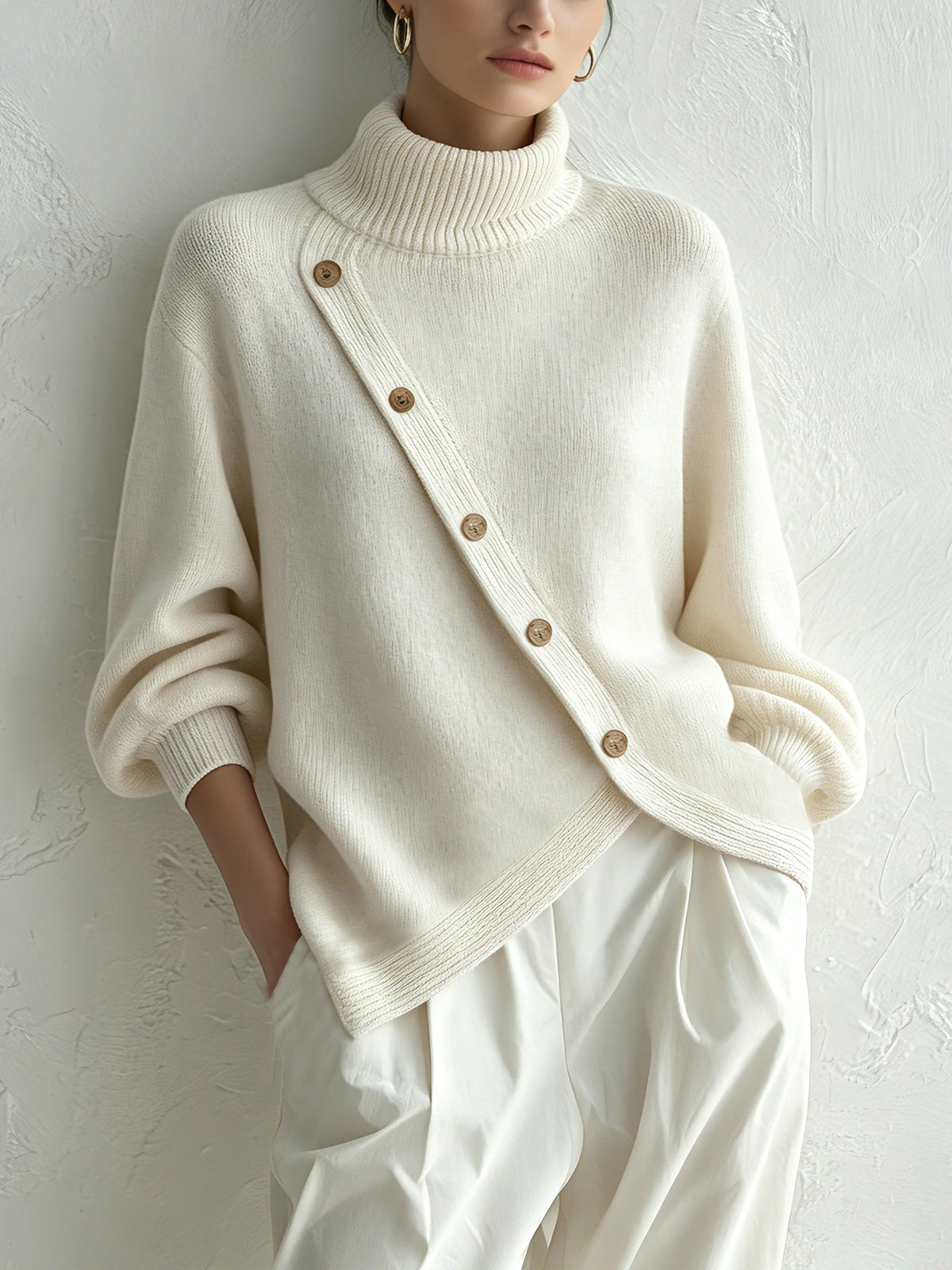 Women's Oversized Turtleneck Jumper with Diagonal Buttons, White, view 1