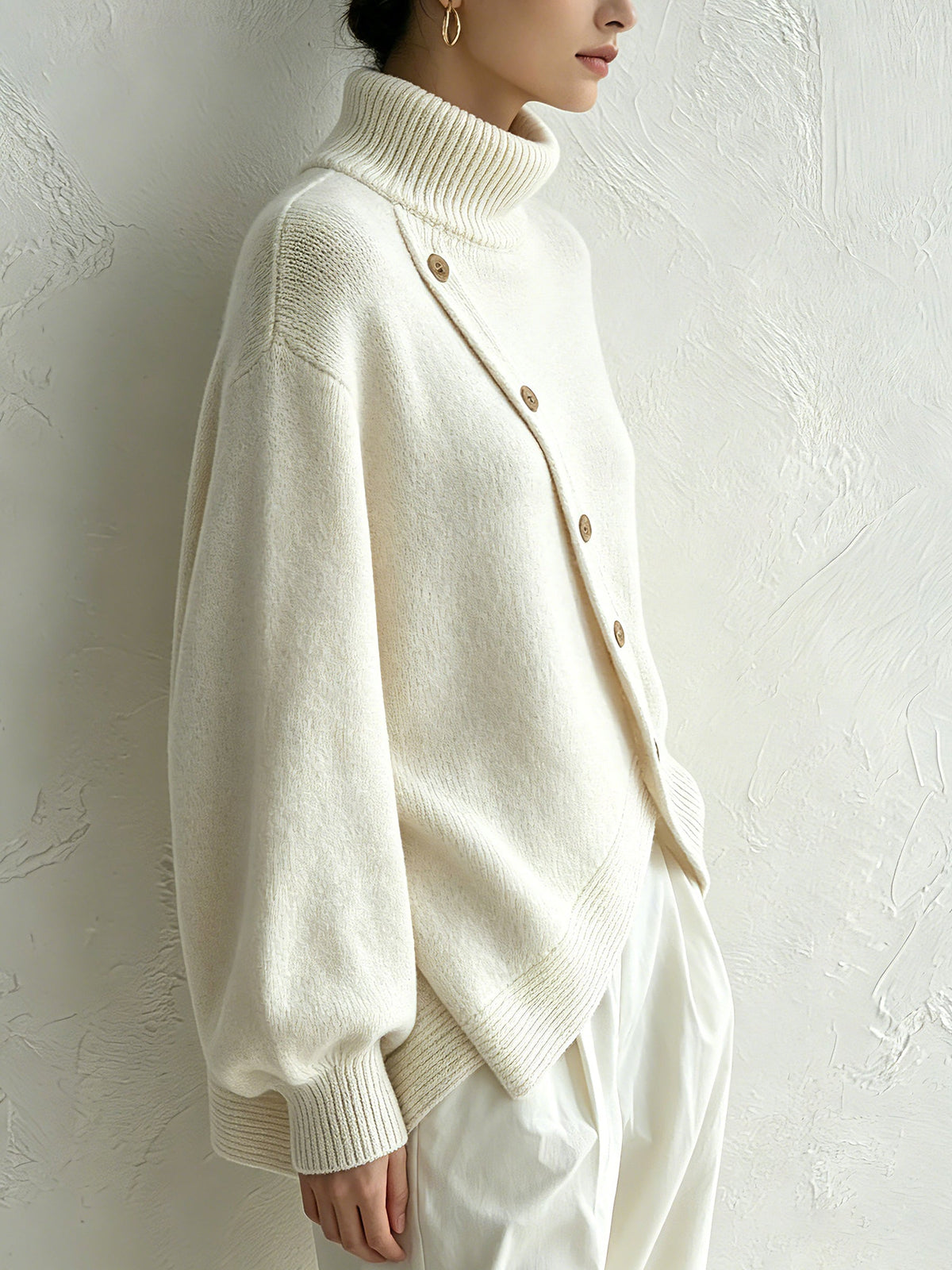 Women's Oversized Turtleneck Jumper with Diagonal Buttons, view 3