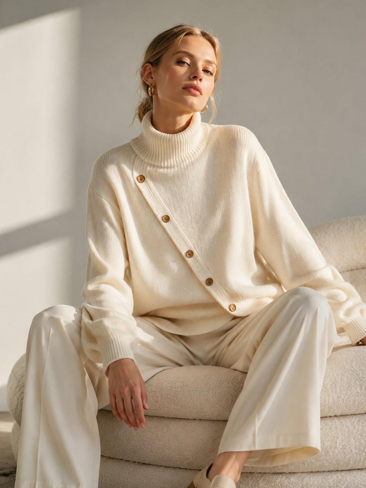 Women's Oversized Turtleneck Jumper with Diagonal Buttons, view 4