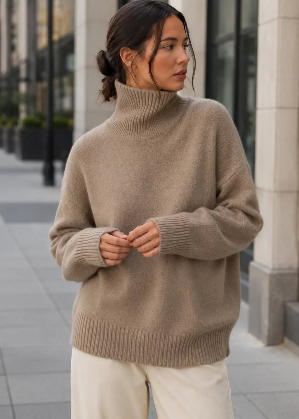 Women's Oversized Turtleneck Jumper with Dropped Shoulders, Beige, view 3