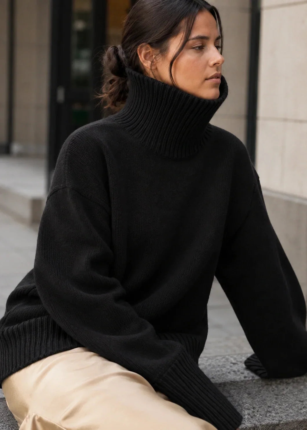 Women's Oversized Turtleneck Jumper with Dropped Shoulders, Black, view 4