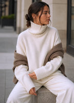 Women's Oversized Turtleneck Jumper with Dropped Shoulders, White, view 6