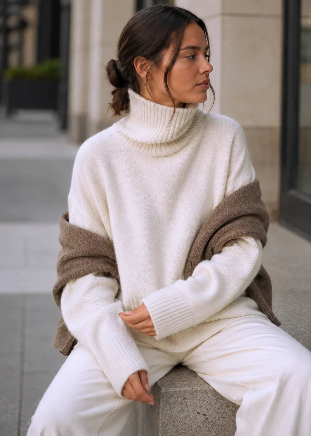Women's Oversized Turtleneck Jumper with Dropped Shoulders, White, view 6