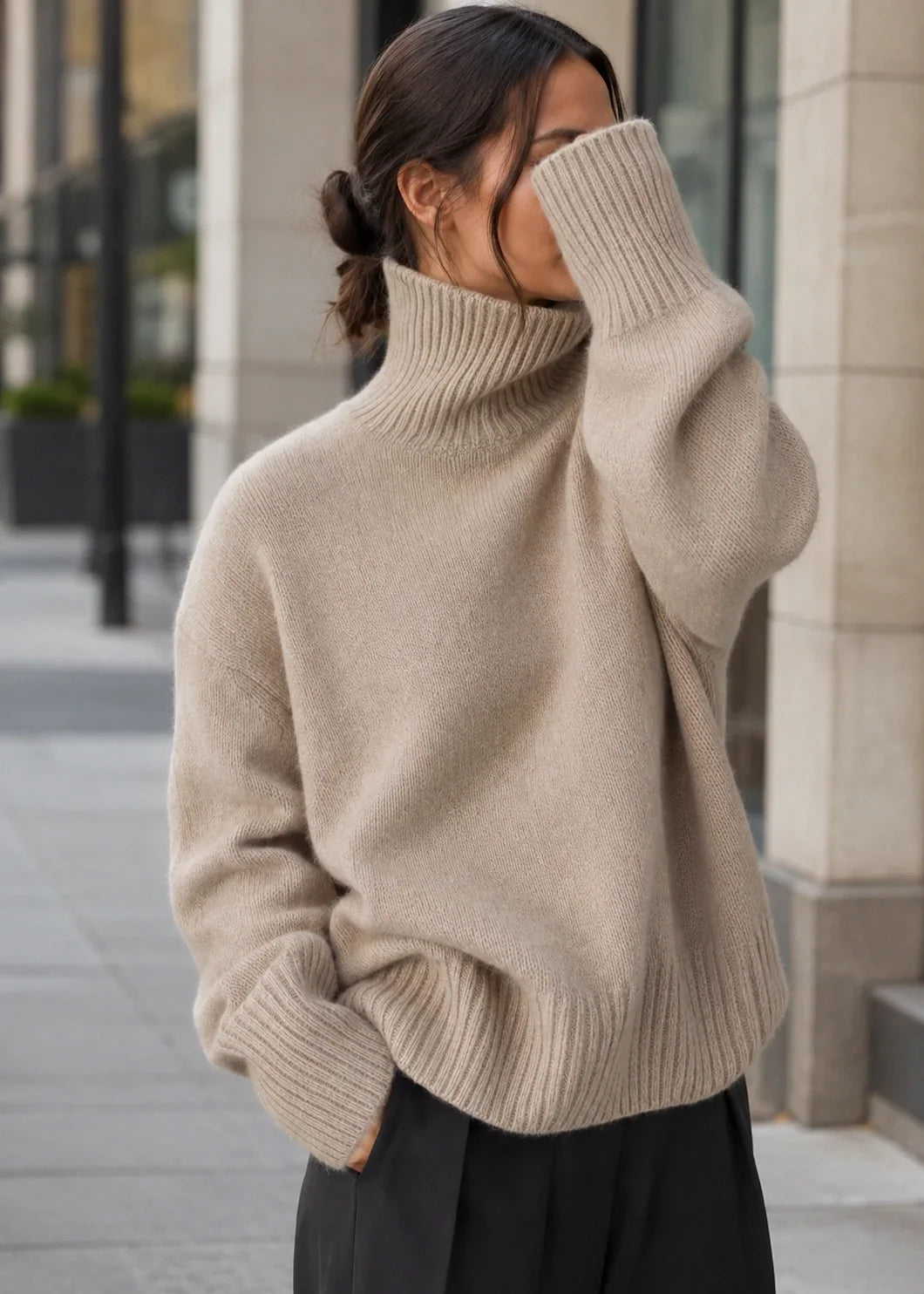 Women's Oversized Turtleneck Jumper with Dropped Shoulders, Khaki, view 7