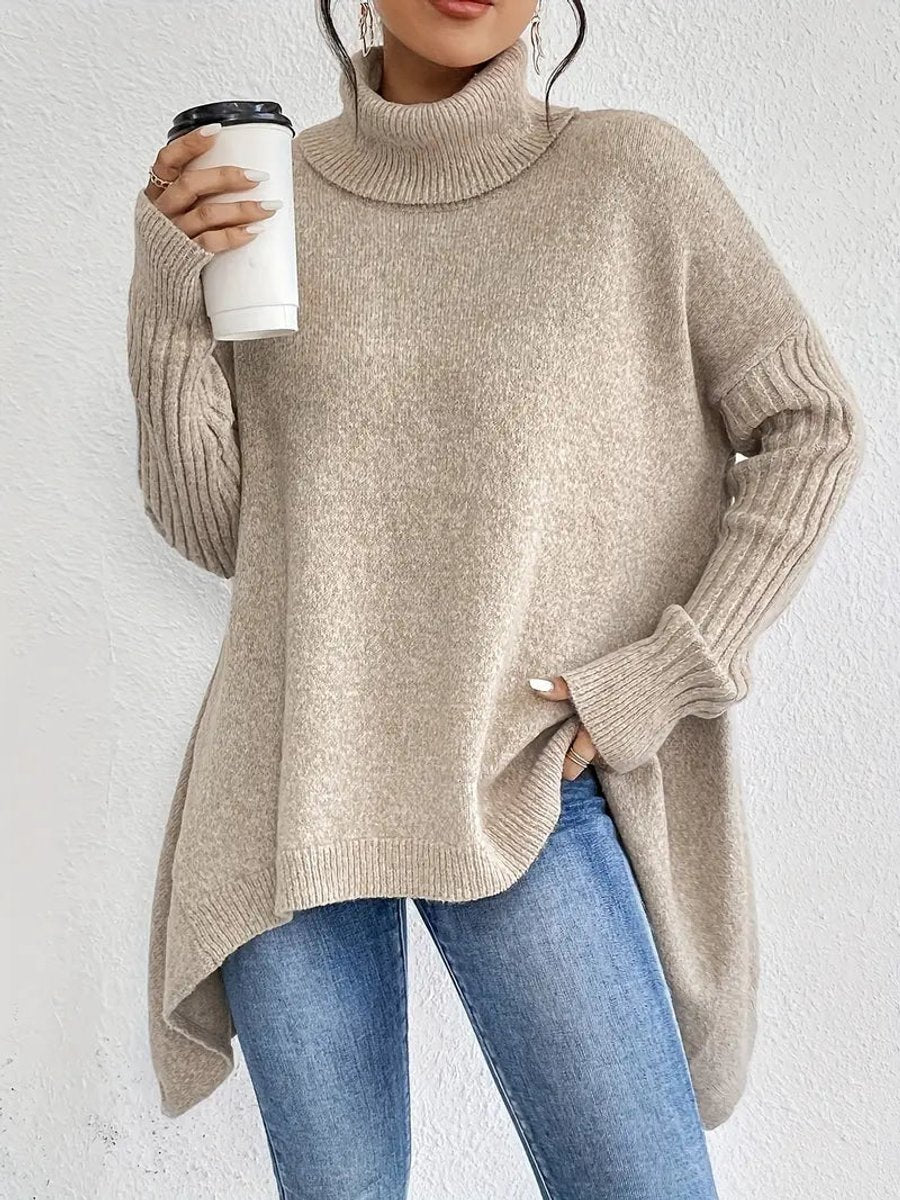 Women's Oversized Turtleneck Jumper with Side Slits, Khaki, view 1