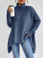 Women's Oversized Turtleneck Jumper with Side Slits, Blue, view 5