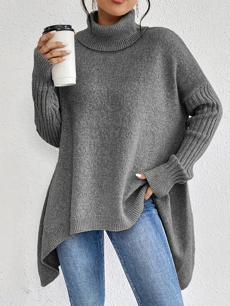 Women's Oversized Turtleneck Jumper with Side Slits, Grey, view 6