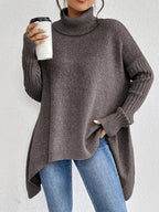 Women's Oversized Turtleneck Jumper with Side Slits, Brown, view 7