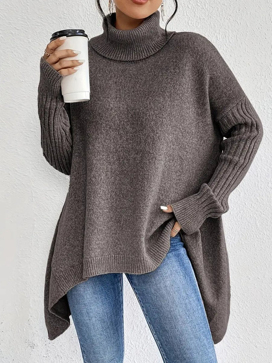 Women's Oversized Turtleneck Jumper with Side Slits, Brown, view 7