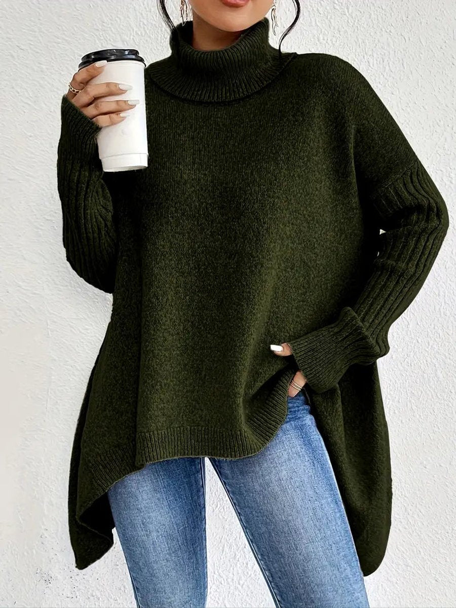 Women's Oversized Turtleneck Jumper with Side Slits, Army Green, view 8