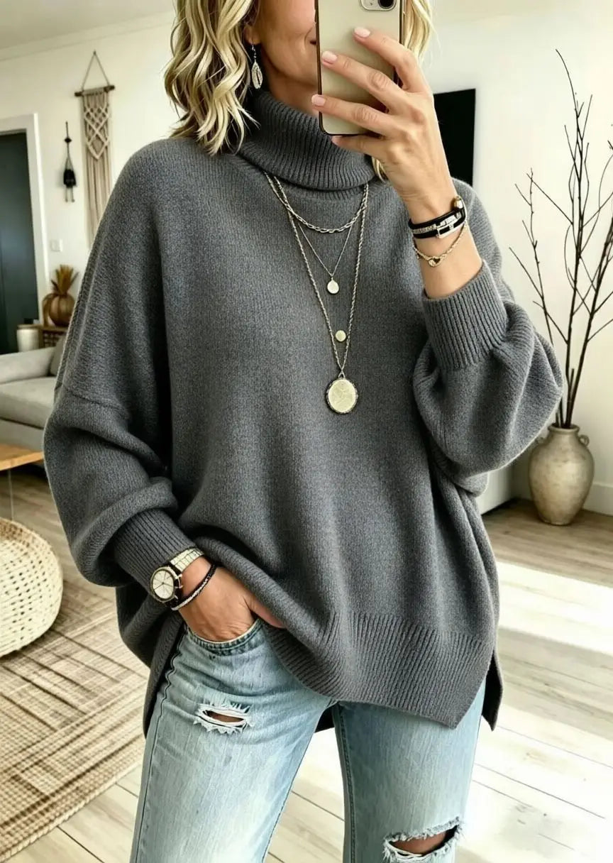 Women's Oversized Turtleneck Jumper with Wide Sleeves, Grey, view 6