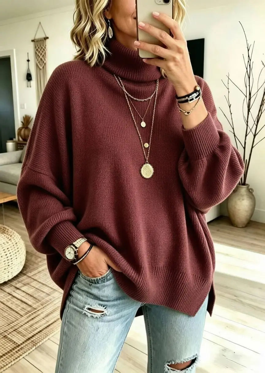 Women's Oversized Turtleneck Jumper with Wide Sleeves, Burgundy, view 7