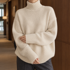 Women's Oversized Turtleneck Wool-Effect Knit Jumper, Beige, view 1