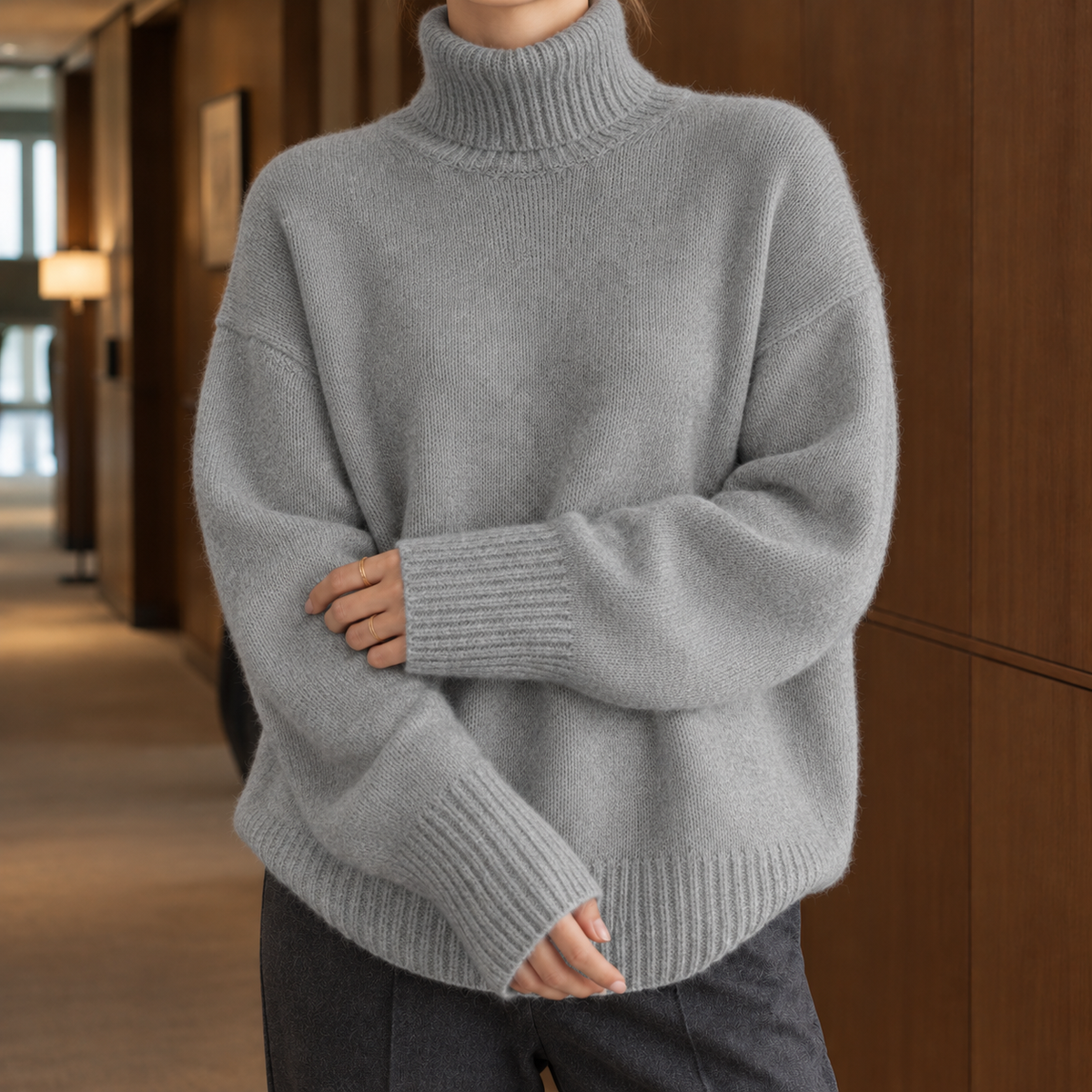 Women's Oversized Turtleneck Wool-Effect Knit Jumper, Grey, view 4