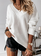 Women's Oversized V-Neck Jumper with Ribbed Cuffs, White, view 1