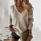 Women's Oversized V-Neck Jumper with Ribbed Cuffs, Light Brown, view 4