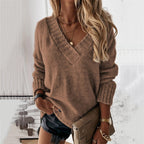 Women's Oversized V-Neck Jumper with Ribbed Cuffs, Brown, view 5
