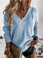 Women's Oversized V-Neck Jumper with Ribbed Cuffs, Blue, view 7