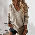 Women's Oversized V-Neck Jumper with Ribbed Trim, Beige, view 1