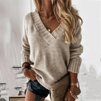 Women's Oversized V-Neck Jumper with Ribbed Trim, Beige, view 1