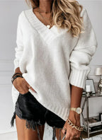 Women's Oversized V-Neck Jumper with Ribbed Trim, White, view 2