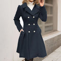 Women's Pleated Double-Breasted Coat with Gold-Tone Buttons, Navy Blue, view 1