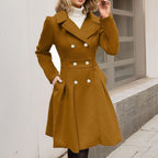 Women's Pleated Double-Breasted Coat with Gold-Tone Buttons, Caramel, view 3