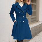 Women's Pleated Double-Breasted Coat with Gold-Tone Buttons, Blue, view 4