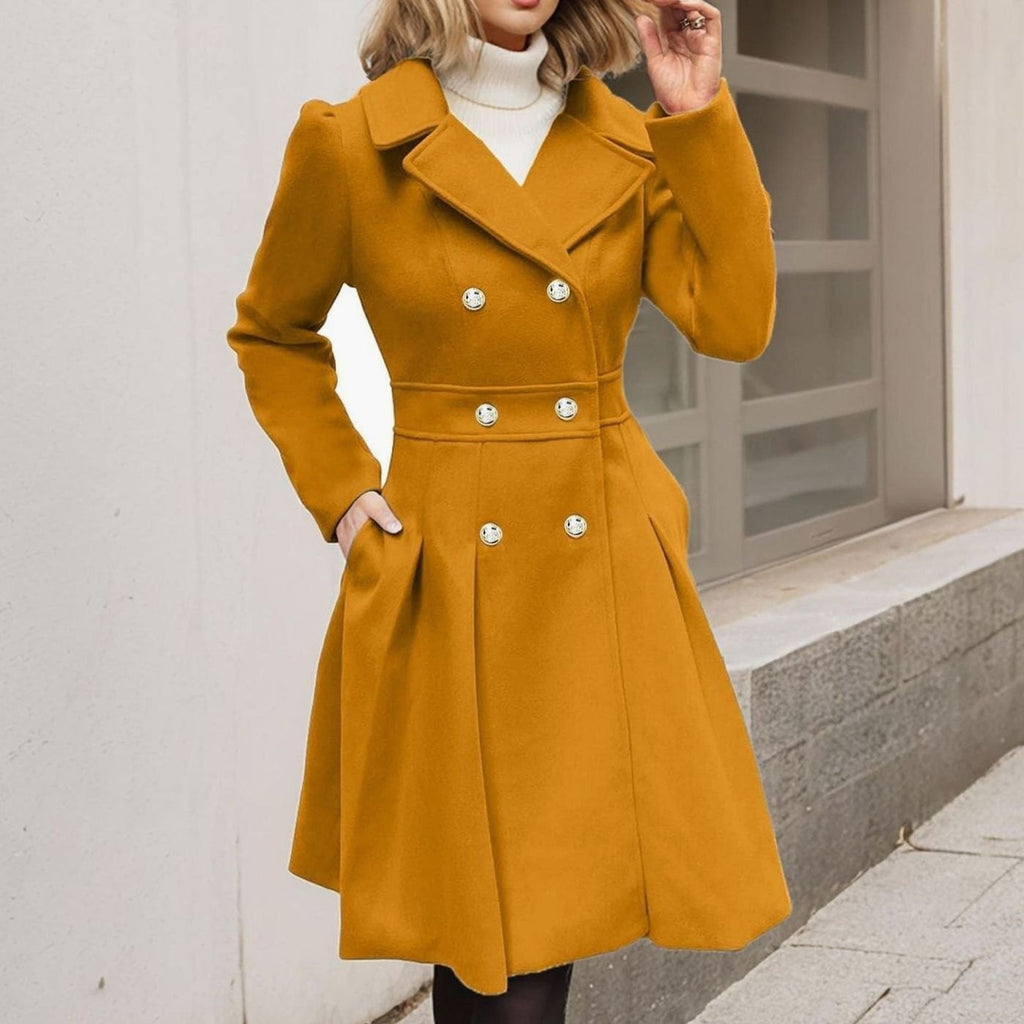 Women's Pleated Double-Breasted Coat with Gold-Tone Buttons, Yellow, view 5