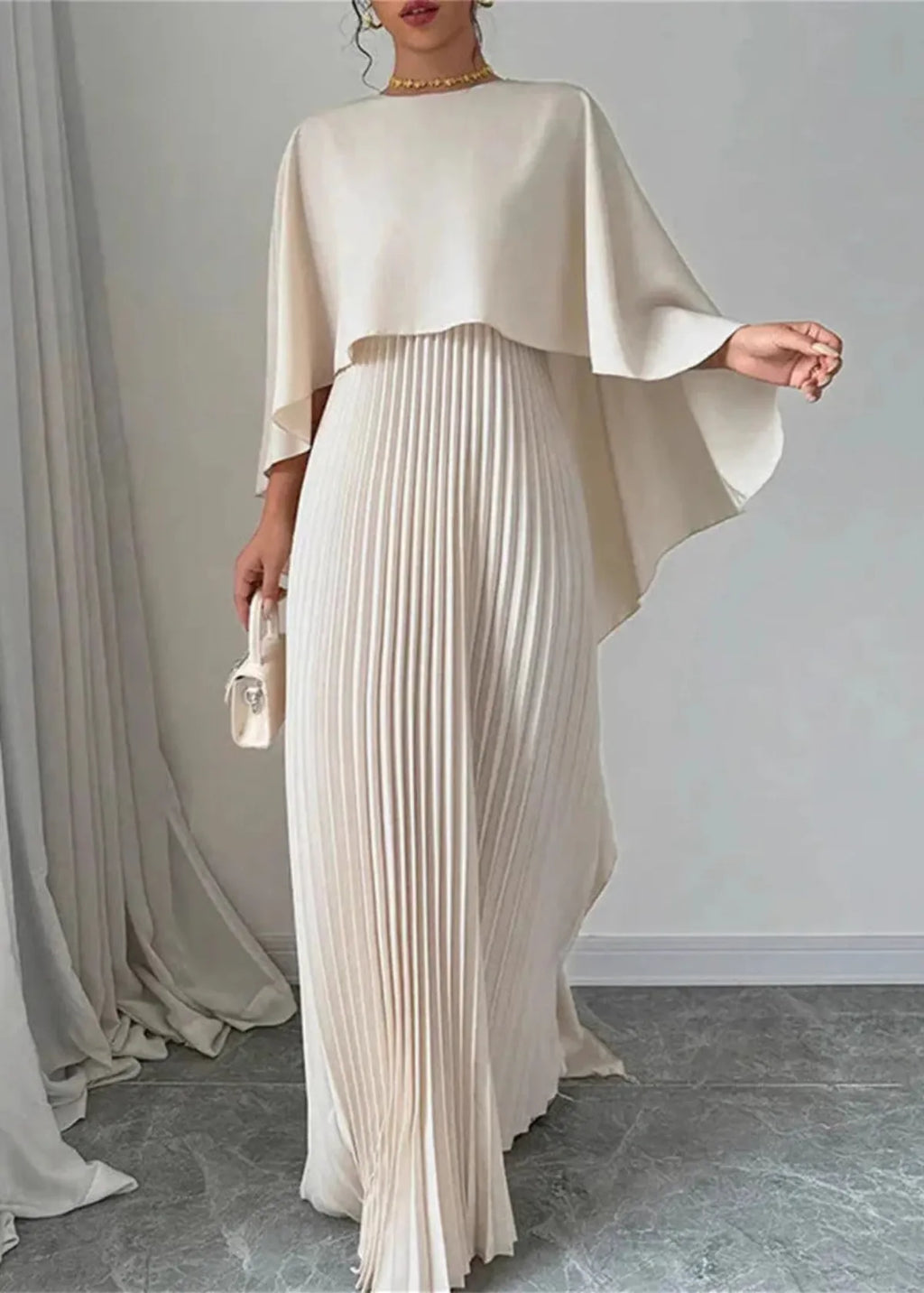 Women's Pleated Maxi Dress with Flowing Cape Sleeves, Beige, view 1