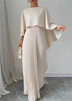 Women's Pleated Maxi Dress with Flowing Cape Sleeves, Beige, view 1