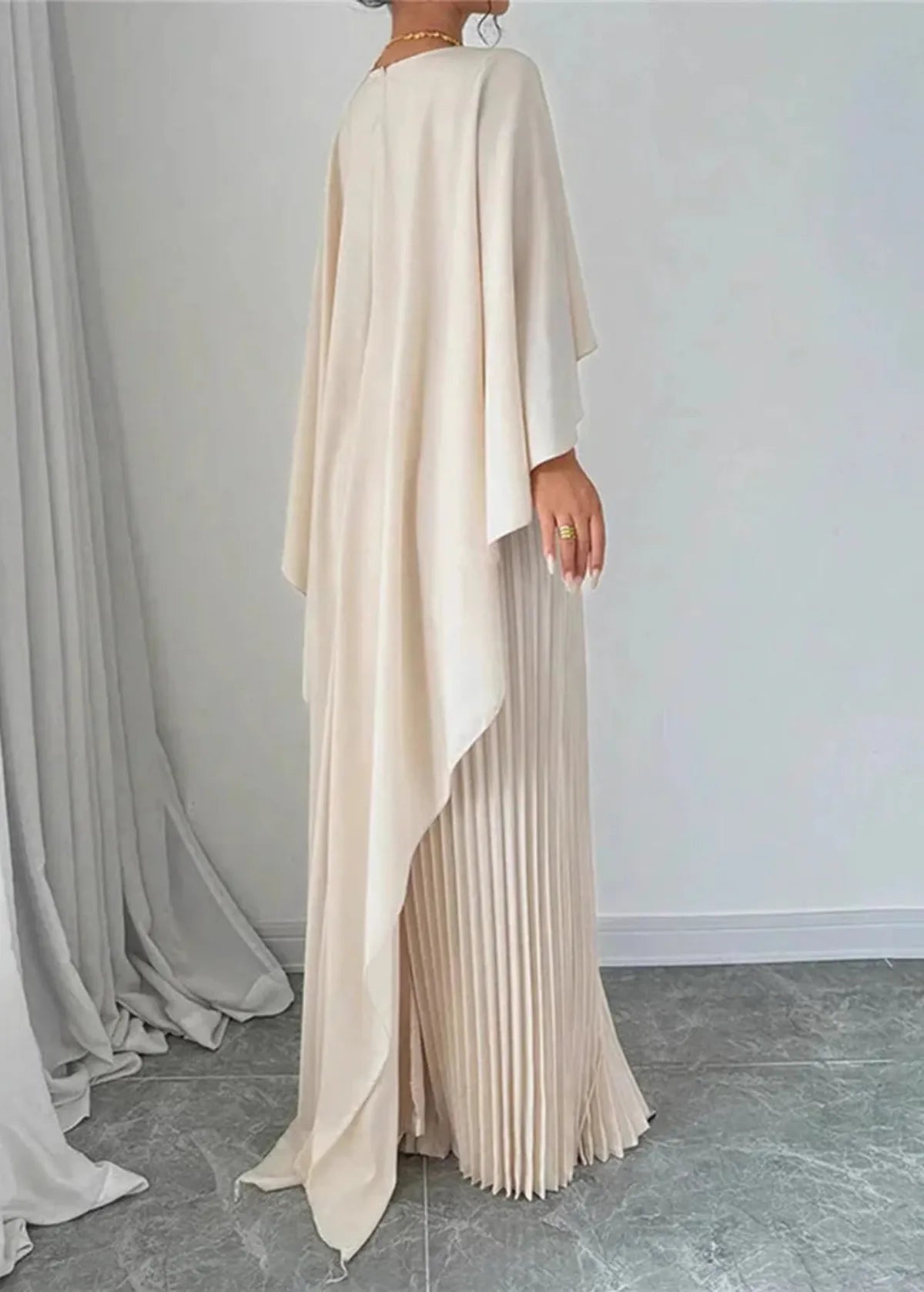 Women's Pleated Maxi Dress with Flowing Cape Sleeves, view 2