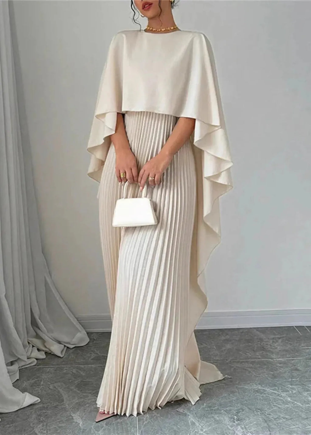 Women's Pleated Maxi Dress with Flowing Cape Sleeves, view 3