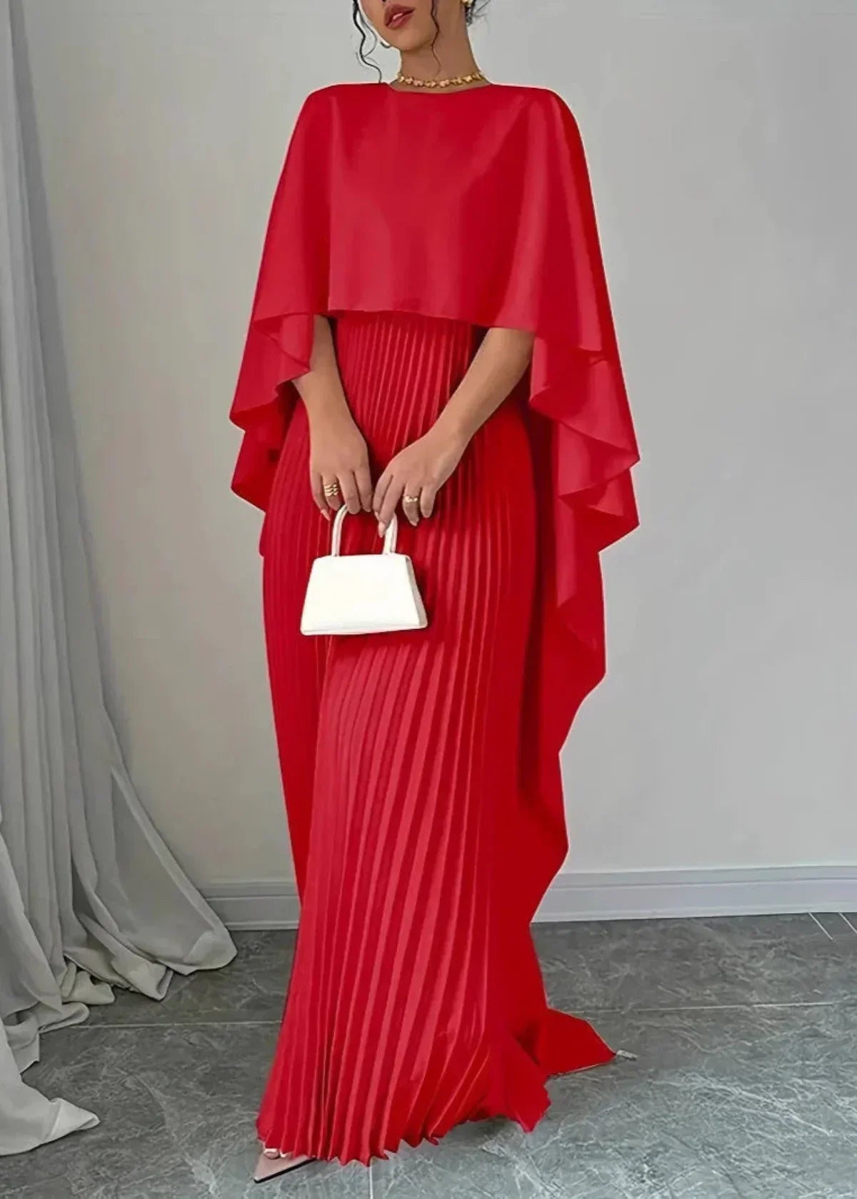 Women's Pleated Maxi Dress with Flowing Cape Sleeves, Red, view 4