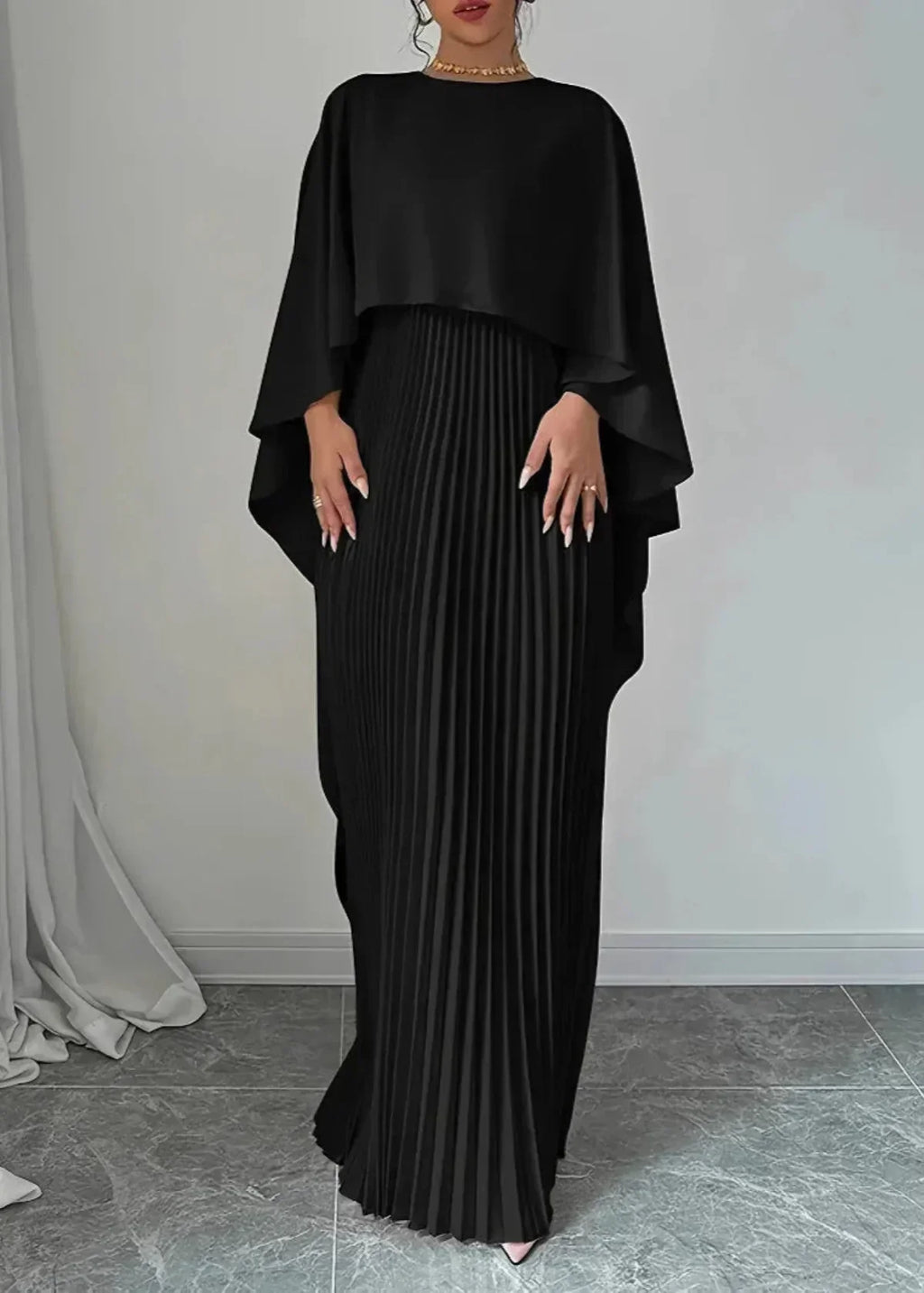 Women's Pleated Maxi Dress with Flowing Cape Sleeves, Black, view 5