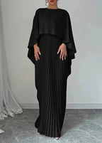 Women's Pleated Maxi Dress with Flowing Cape Sleeves, Black, view 5
