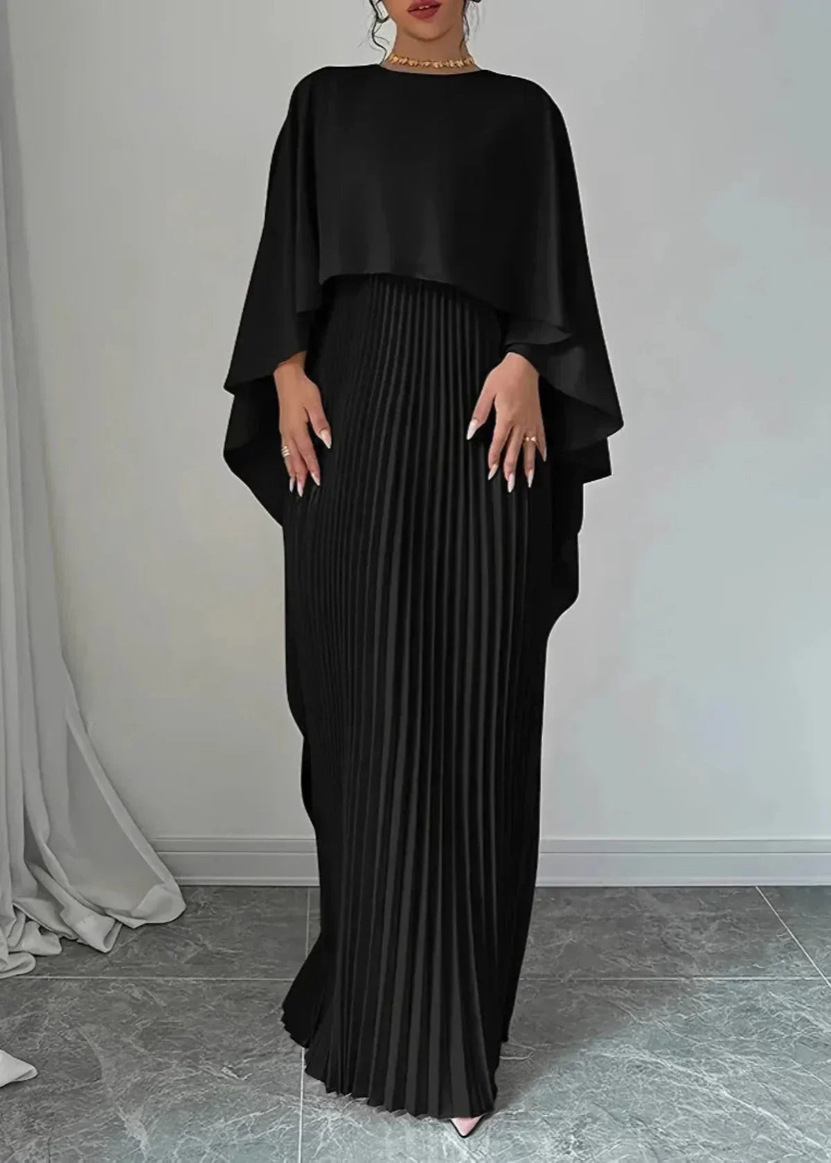 Women's Pleated Maxi Dress with Flowing Cape Sleeves, Black, view 5