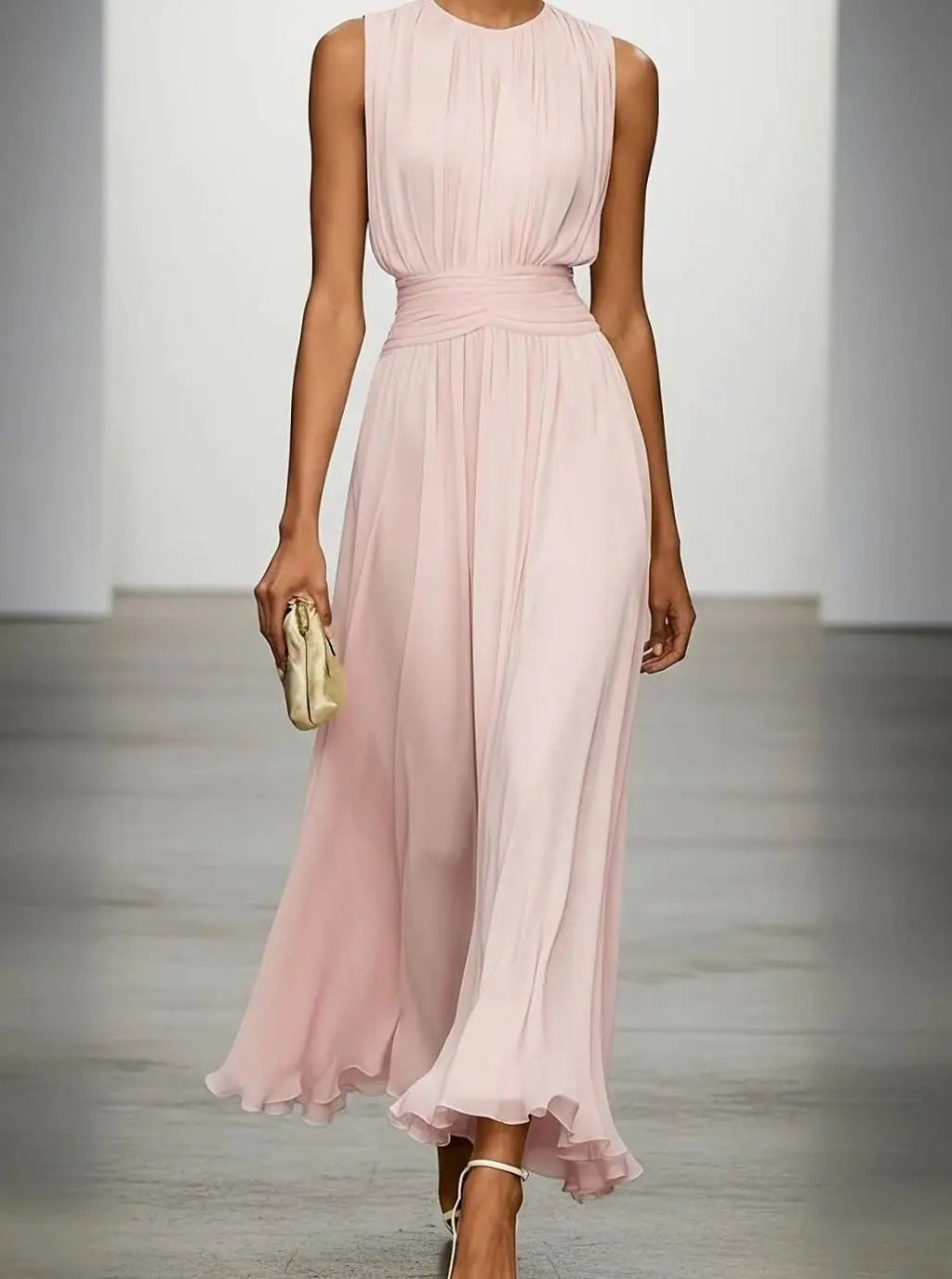 Women's Pleated Maxi Wedding Guest Dress with Gathered Waist, Pink, view 1