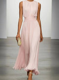 Women's Pleated Maxi Wedding Guest Dress with Gathered Waist, Pink, view 1