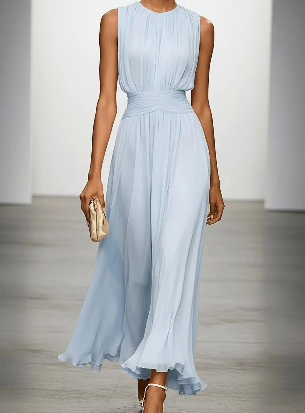 Women's Pleated Maxi Wedding Guest Dress with Gathered Waist, Light Blue, view 3