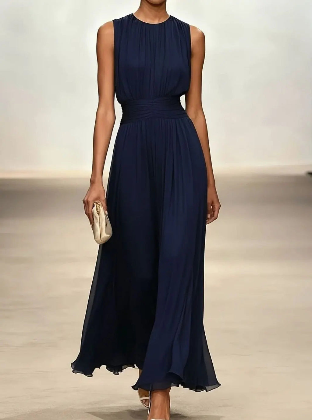 Women's Pleated Maxi Wedding Guest Dress with Gathered Waist, Dark Blue, view 4