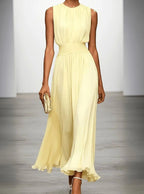 Women's Pleated Maxi Wedding Guest Dress with Gathered Waist, Yellow, view 5