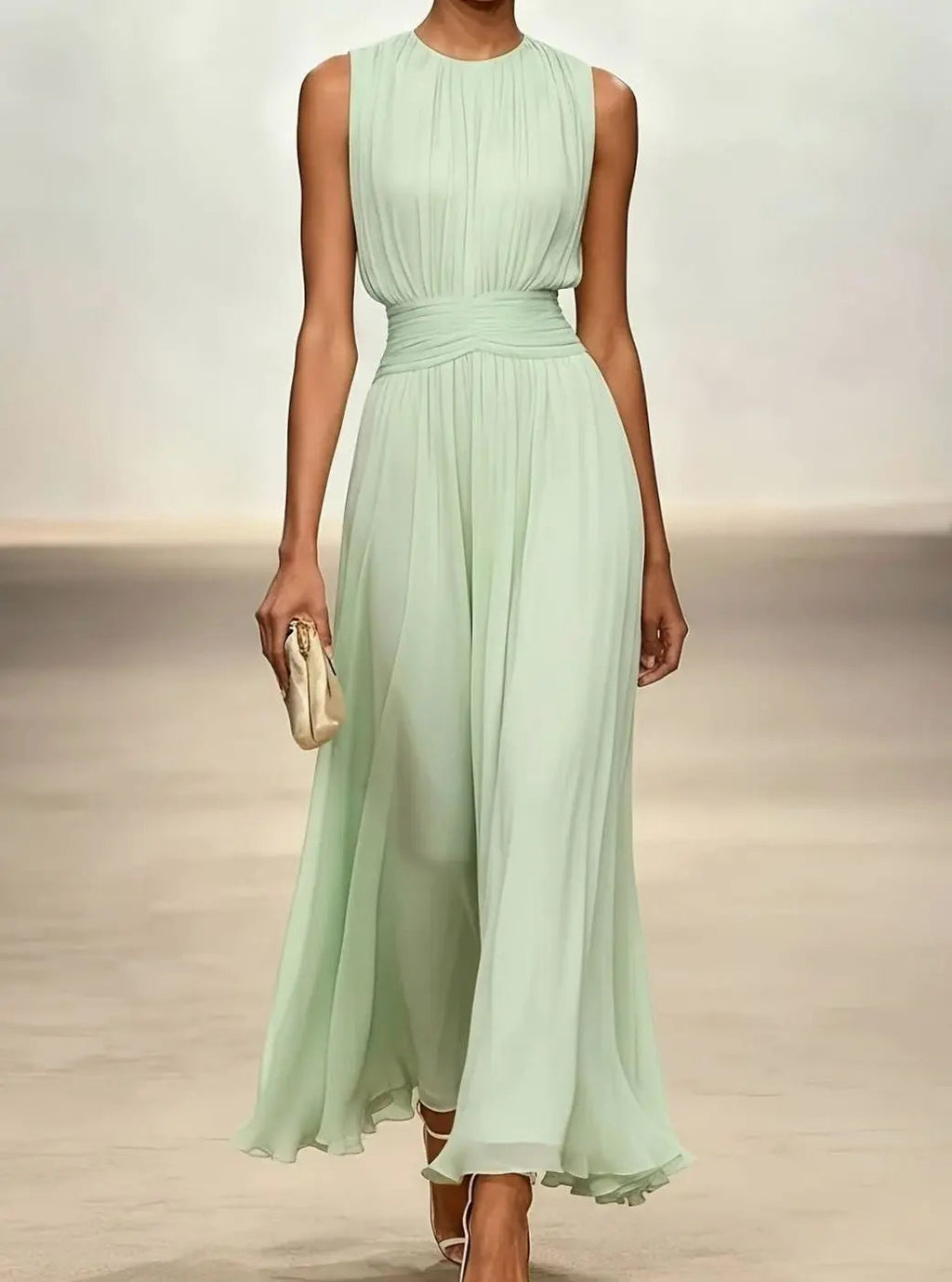Women's Pleated Maxi Wedding Guest Dress with Gathered Waist, Mint Green, view 6