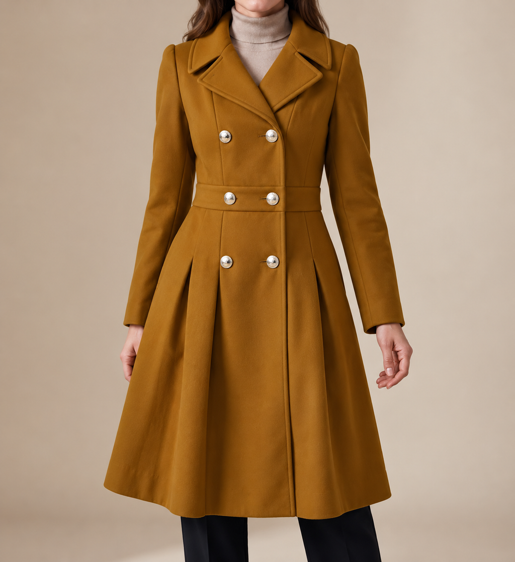Women's Pleated-Skirt Coat with Double-Breasted Buttons, Caramel, view 1