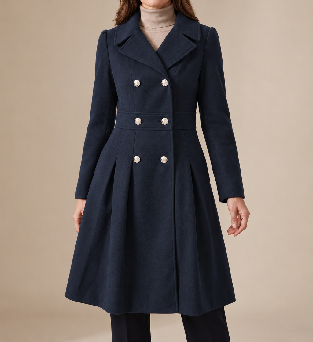 Women's Pleated-Skirt Coat with Double-Breasted Buttons, Dark Blue, view 3